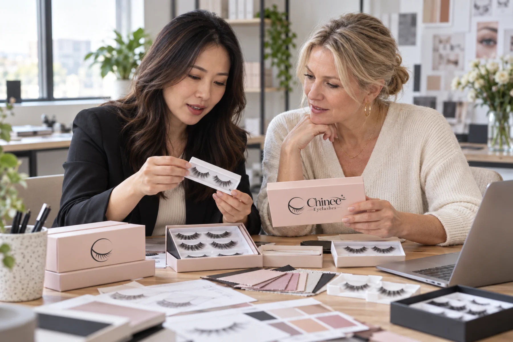 International beauty buyer reviewing private label eyelash packaging