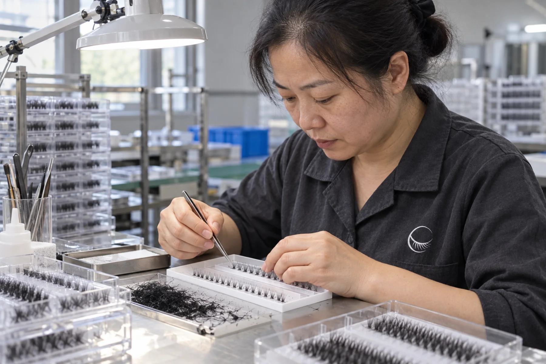 False eyelash fiber assembly at the Chinee factory