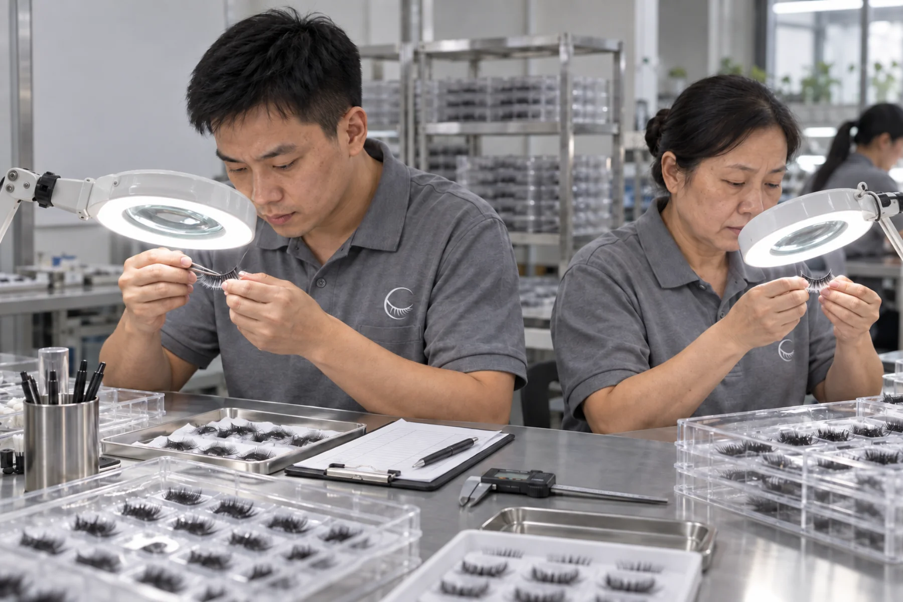 False eyelash quality inspection under magnification
