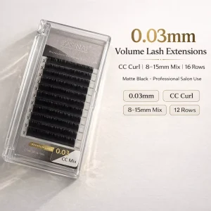 0.03mm Volume Synthetic Hair Lash Extensions CC Curl 8 to 15mm Mix 16 Rows Matte Black OEM Salon Use Factory