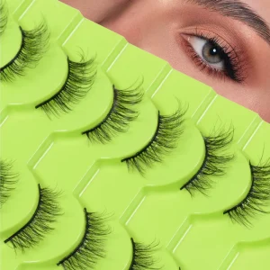 10 Pair Pack Synthetic Faux Mink Half Lashes Natural 3D Volume Eyelashes with Wispy Cat Eye Effect for Makeup