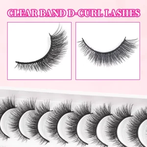 10 Pairs 3D D Curl Soft Light Faux Mink Eyelashes Wispy Fluffy Strip Lashes White Tray Natural Glam Makeup