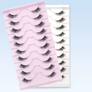 10 Pairs Cat’s Eye Clear Stem False Eyelashes Tail Elongated Half Eye Natural Look Transparent Clear Band Full Strip Eyelashes