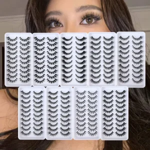 10 Pairs Cruelty Free Handmade Cat Eye Faux Mink Lashes Pack 8D Wispy Volume Full Strip False Eyelashes