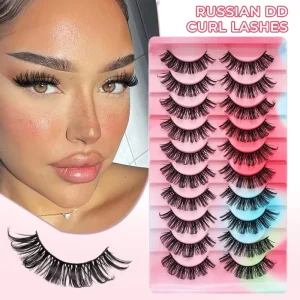 10 Pairs DD Curl Russian Strip Eye Lashes High Quality Fluffy Curly Soft & Lightweight False Lash Full Strip Eyelashes