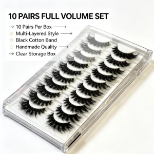 10 Pairs False Eyelashes Full Volume Wispy Handmade Black Cotton Band Strip Lashes with Clear Storage Box for Women Party