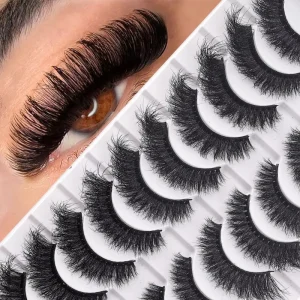 10 Pairs Fluffy Faux Mink Lashes Dramatic 3D Volume False Eyelashes Soft Black Band Lashes for Stage & Party Makeup LD28