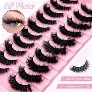 10 Pairs Fluffy Wispy False Eyelashes Voluminous Thick Faux Mink Lashes 3D Dramatic Comfortable Wear Bulk