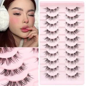 10 Pairs Full Strip Transparent Band Faux Mink Eyelashes Natural Curl Stem False Lashes with Box Model Clear Band