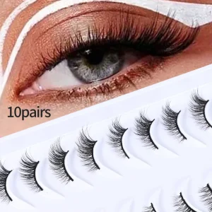 10 Pairs Handmade Full Strip False Eyelashes 12-15mm Thick Natural Curled Black Cotton Stalk Lashes Europe America Middle East