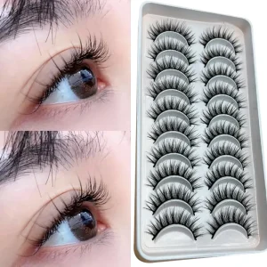 10 Pairs Natural Black Cotton Band Faux Mink False Eyelashes Soft Lightweight Handmade Lashes for Eye Enlarging Daily Makeup