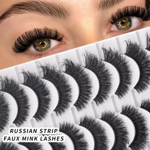 10 Pairs Russian Volume Strip Lashes Fluffy Faux Mink False Eyelashes D Curl Thin Black Band White Tray for Party Makeup