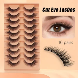 10 Pairs Slanted Wing Strip Lashes Curly Fox Eye Extended Outer Corner Black Stem Cat Eye False Eyelashes With Orange Tray