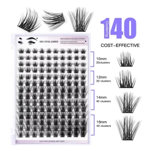 140 Clusters D Curved Synthetic Fiber DIY Lash Extensions 10-16mm Fluffy Natural Long 3D Stereo Kit for Self
