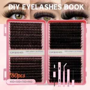 1BOX 780PCS Lash Cluster Set 40D+50D+70D+90D Mixed Density Includes Eyelash Glue Tweezers & Brush For Party Daily Wear