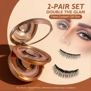 2 Pairs Glueless Magnetic Strip Lashes Kit with Magnetic Liquid Eyeliner Round Case with Mirror Reusable Eye Makeup Gift Box Set