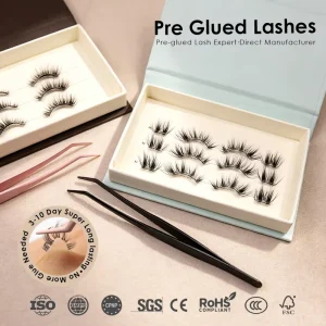 3-10 Day Long Lasting Pre-glued Lashes 100% Handmade Wispy Manga Press on Lash Custom Size Curl Magnetic Box UK Europe OEM