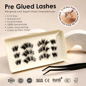 3 10 Days Super Long Lasting Pre Glued Strip Lash 100% Handmade Waterproof Wispy Fluffy Style Custom Size Acrylic Box FR IT