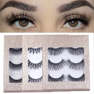 3 Pairs Full Strip Thick Volume 3D Handmade Black Cotton Stalk Reusable Cruelty Free Synthetic Hair Eyelash