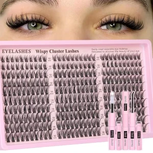 300 Clusters 3D Fluffy Cluster Lashes 10-16mm Pre-Cut DIY Wispy Fish Tail Lashes Soft PBT Fiber Cruelty Free Lash Kit Easy Wear