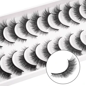 3D D Curl Wispy Fluffy Faux Mink Strip Lashes 10 Pairs White Tray Soft Light False Eyelashes for Dating Photoshoot