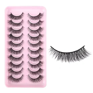 3D False Lashes Wispy Fake Eyelashes Curly Fairy Lashes Natural Look Black Cotton Band Lashes 10 Pairs Faux Mink Eyelashes