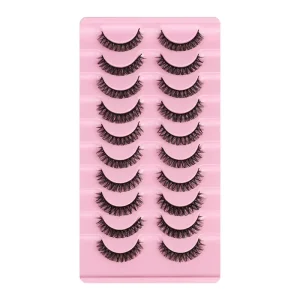 3D Natural Synthetic Fiber Soft False Eyelashes Black Cotton Band 0.07mm Thickness Semi Handmade 10 Pairs Set Daily Use