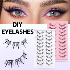 3D Natural Volume False Eyelashes Dense Fluffy 10 Pairs Black Fiber Full Strip European Lashes Mixed Length for Stage Makeup