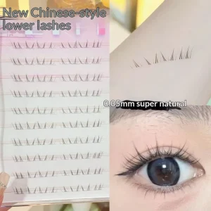 新中式半手工制作无粘合剂合成毛发，带锋利底座，4 5毫米自然睫毛和0.05毫米细睫毛