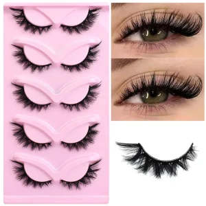 5 Pair Pack MINK FUR 3D Voluminous Dramatic Curling One Step False Eyelashes Fox Style Slanted Design