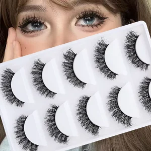5 Pairs Faux Mink Eyelashes Fluffy Lashes Strip Eye Lashes with Frosted White Box Handmade Lash