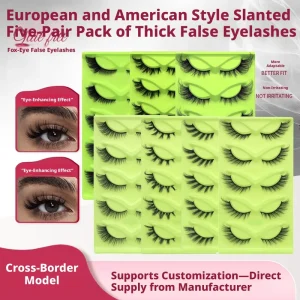 5 Pairs Slanted Fly Cat Eye Strip Lashes OEM Custom Logo Cross Border Glue Free Synthetic Hair 3D Effect Eyelashes