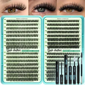 600 Pcs D Curl Lashes Clusters 9 16mm Individual Super Thin Band DIY Cluster Eyelash Extensions Kit(Bond Seal Tweezers Brush)