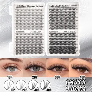 640PCS Individual Lash Clusters 10-60P DIY Eyelash Extensions 9-16MM Natural Volume Lashes for Custom Makeup & At-Home Lash