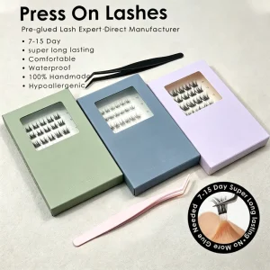 7-15 Day Wear Press on Lashes EU Standard 100% Handmade Waterproof Cluster Lash Wispy Fluffy Styles Custom Box Length Curls CE