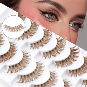 7 Pairs Brown Synthetic Hair 3D Curling Invisible clear Band False Eyelash Transparent stem Natural strip lashes