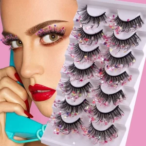 7 Pairs Tray Diamond Glitter Sequins Faux Mink Eyelashes Semi Hand Made Natural Soft Decoration Christmas