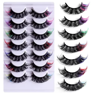 7 Pairs of Colorful D Curl Full Strip Eyelashes Thick Cross Cut Faux Mink False Eyelashes