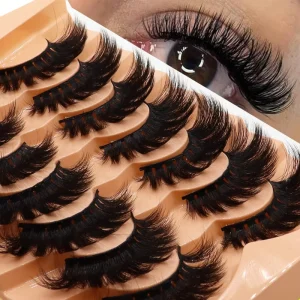 7 Pairs of Dense Artificial Waterfowl Fur Trimmed Elongated Three dimensional Curly Thick Black Stiff structured False Eyelashes