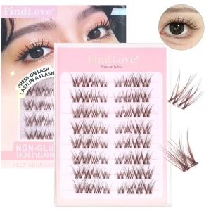 8-Row Brown Pre Glued Lash Clusters Natural Look Reusable Self Adhesive Individual Eyelashes No Remover Needed for Daily Makeup