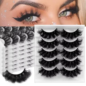 8D Thick Full Strip Eyelashes 5 Pairs False Eyelashes 15mm-26mm Faux Mink Eyelashes Natural Long Thick Volume Curly Reusable