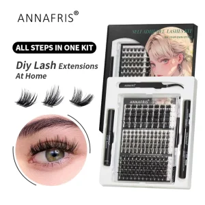 ANNAFRIS All Steps in One Handmade DIY Full Strip Synthetic Hair Cruelty Free Cluster Lash Kit Black Cotton Stalk 0.05mm
