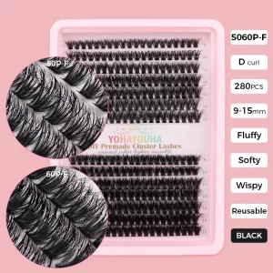 Abestyou Matte Black PBT Custom Logo 9 15mm 280 Roots D Curl Thick Plush Russian Cat Eye Lash Clusters Trays Fluffy