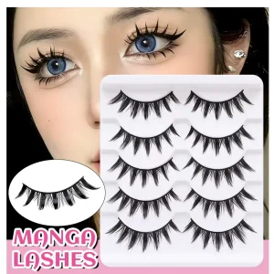 Anime Strip Lashes Handmade 5 Pairs Faux Mink Lashes Extension 3D Natural Long Soft Full Strip Lashes Long Manga Eyelashes