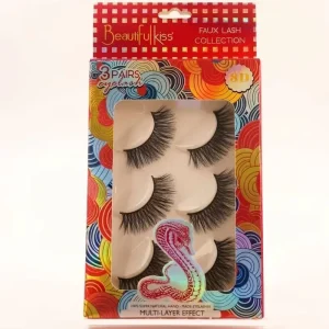 Beautiful Kiss Lash 3D 3-Pair Private Label Eyelashes Full Strip for Fluffy Synthetic Hair 15mm & 18mm High Premium Quality