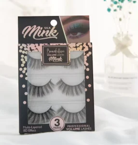 Beautiful Kiss Lash 3D 3 Pair Private Label Eyelashes Full Strip for Fluffy Vegan Synthetic Hair 15mm & 18mm Luxury Lengths