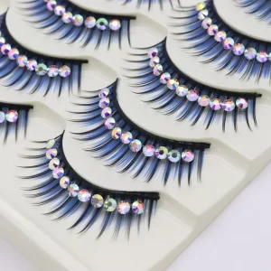 Blue Rhinestone Dramatic Volume Stage Performance Lashes 5 Pairs Thick Band False Eyelashes