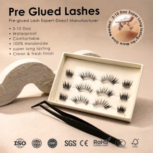 CE Certified Pre-glued Strip Lashes 100% Handmade Manga Fluffy Lash Custom Size Curl Private Label Acrylic Box UK France