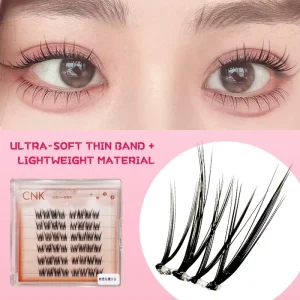 CNK Single Fan False Eyelash Kit Full Strip Curved Cluster No Glue Needed Eyelash Lifting Plastic Black Stem Synthetic Eyelash