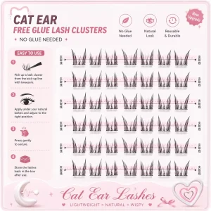 Cat Ear Self Adhesive Lash Clusters No Glue Cat Eye DIY Eyelash Extensions Natural Lightweight Reusable Private Label